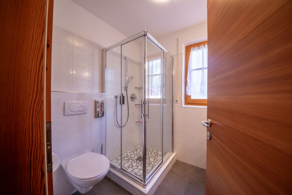 Badezimmer mit einer verglasten Duschkabine und einer weißen Toilette.